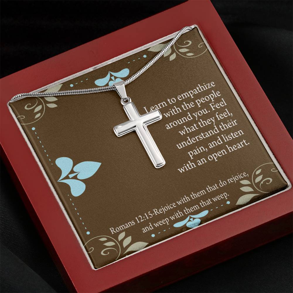 Christian Encouragement Empathy & Understanding Romans 12:15 Cross Card Necklace w Stainless Steel Pendant-Express Your Love Gifts