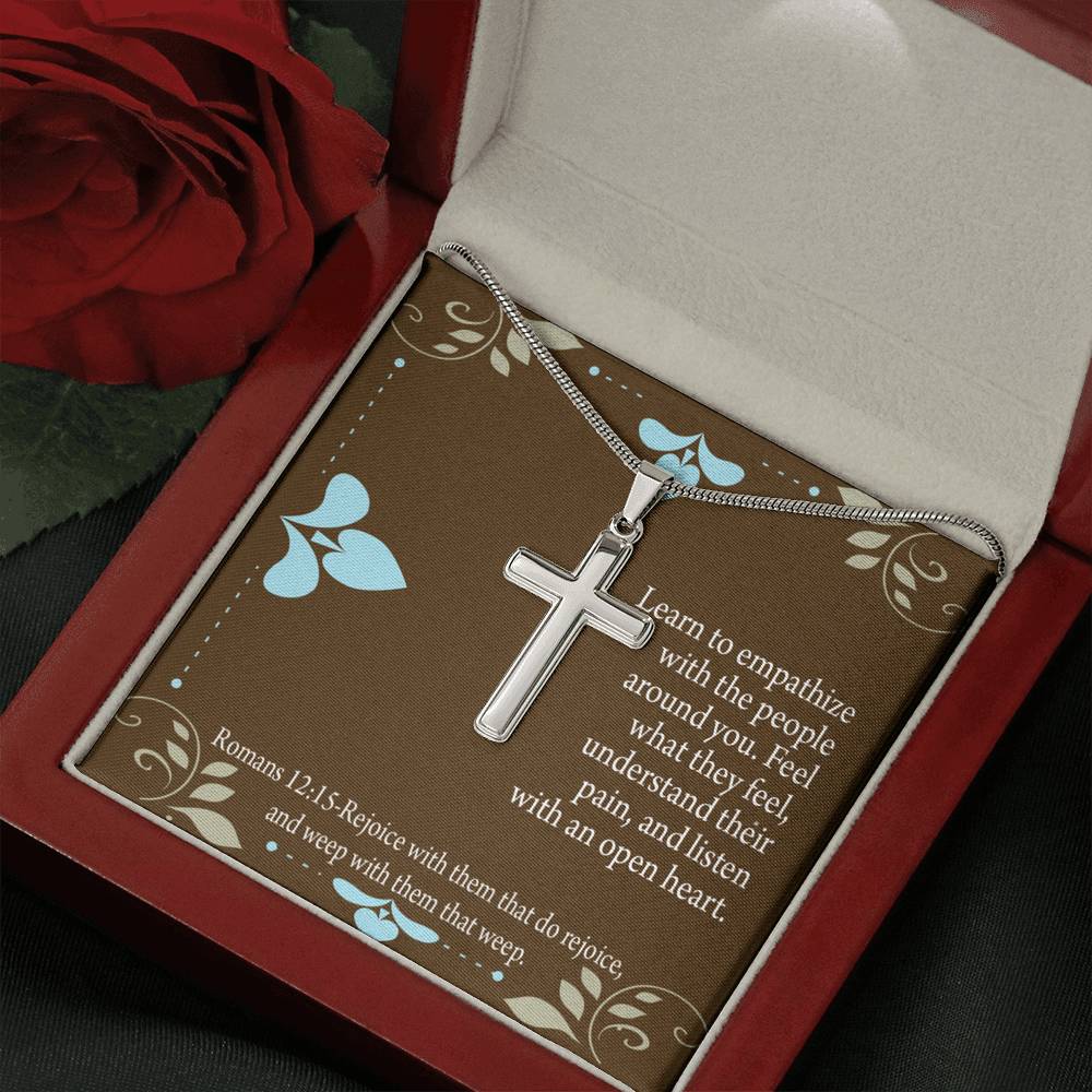 Christian Encouragement Empathy & Understanding Romans 12:15 Cross Card Necklace w Stainless Steel Pendant-Express Your Love Gifts