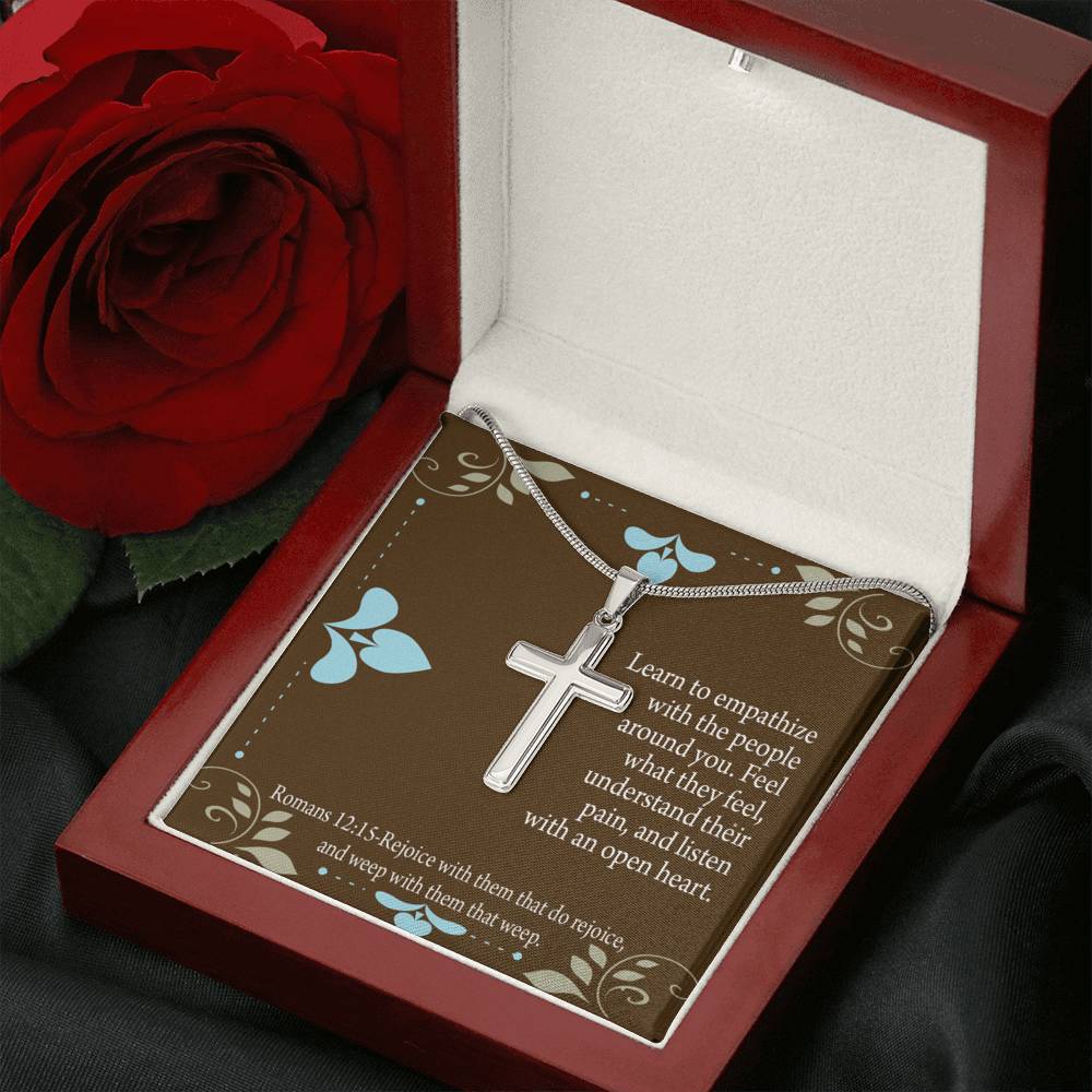 Christian Encouragement Empathy & Understanding Romans 12:15 Cross Card Necklace w Stainless Steel Pendant-Express Your Love Gifts