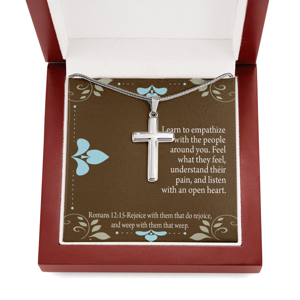 Christian Encouragement Empathy & Understanding Romans 12:15 Cross Card Necklace w Stainless Steel Pendant-Express Your Love Gifts