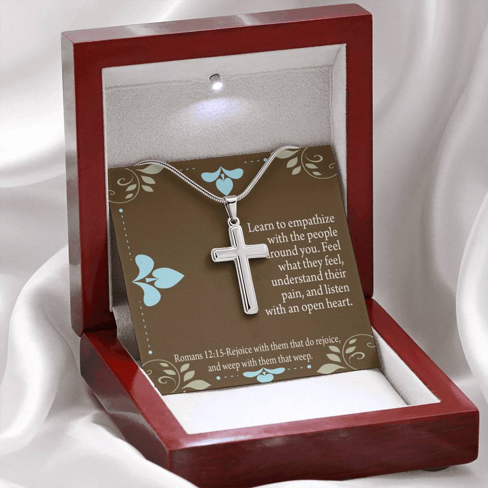 Christian Encouragement Empathy & Understanding Romans 12:15 Cross Card Necklace w Stainless Steel Pendant-Express Your Love Gifts