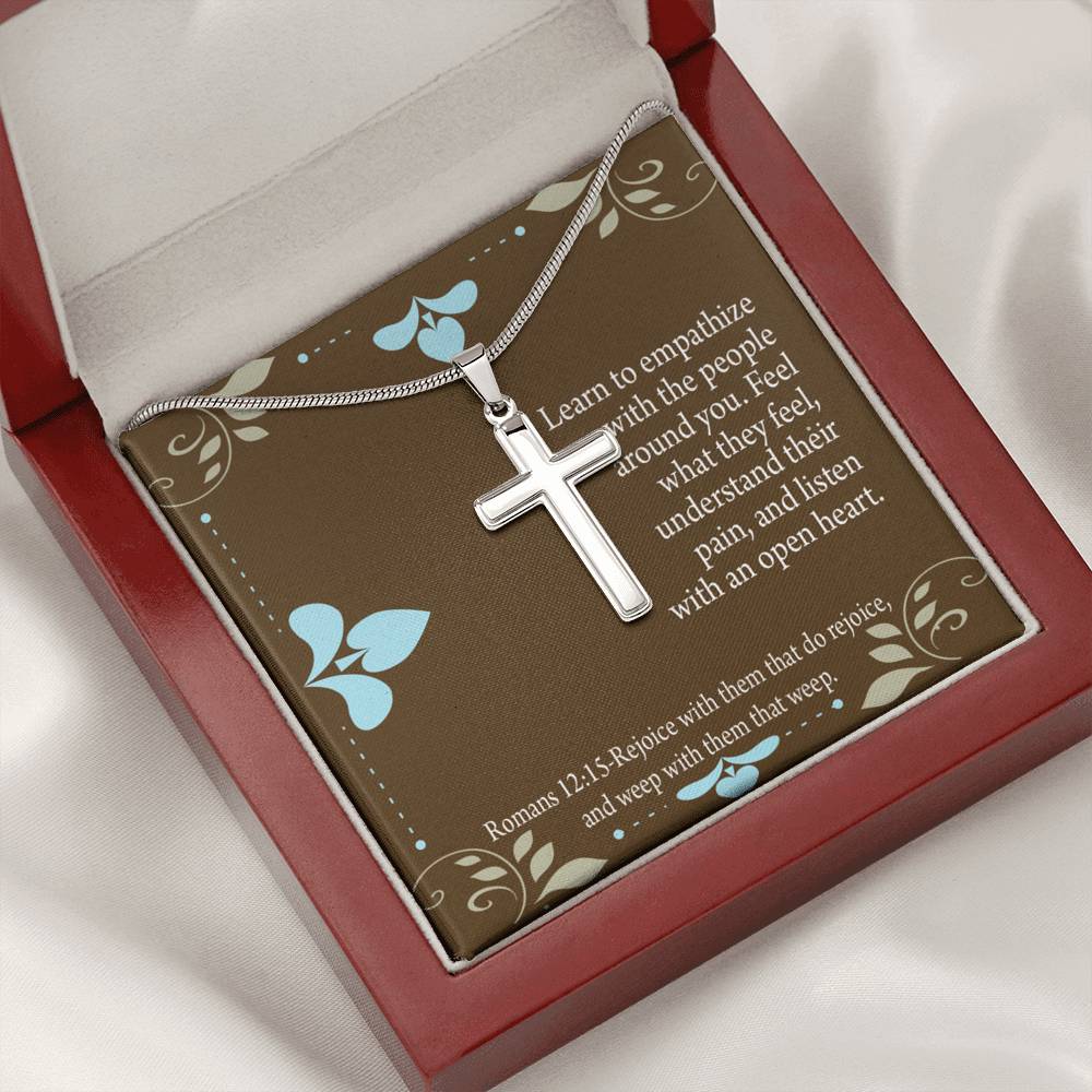 Christian Encouragement Empathy & Understanding Romans 12:15 Cross Card Necklace w Stainless Steel Pendant-Express Your Love Gifts