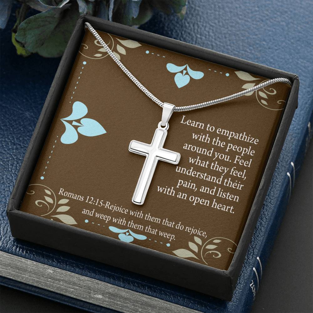 Christian Encouragement Empathy & Understanding Romans 12:15 Cross Card Necklace w Stainless Steel Pendant-Express Your Love Gifts