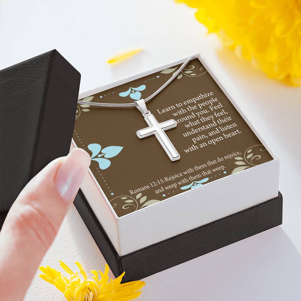 Christian Encouragement Empathy & Understanding Romans 12:15 Cross Card Necklace w Stainless Steel Pendant-Express Your Love Gifts