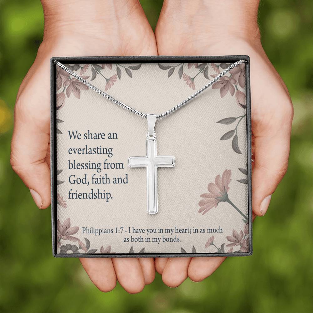 Christian Encouragement Friendship Philippians 1:7 Cross Card Necklace w Stainless Steel Pendant-Express Your Love Gifts