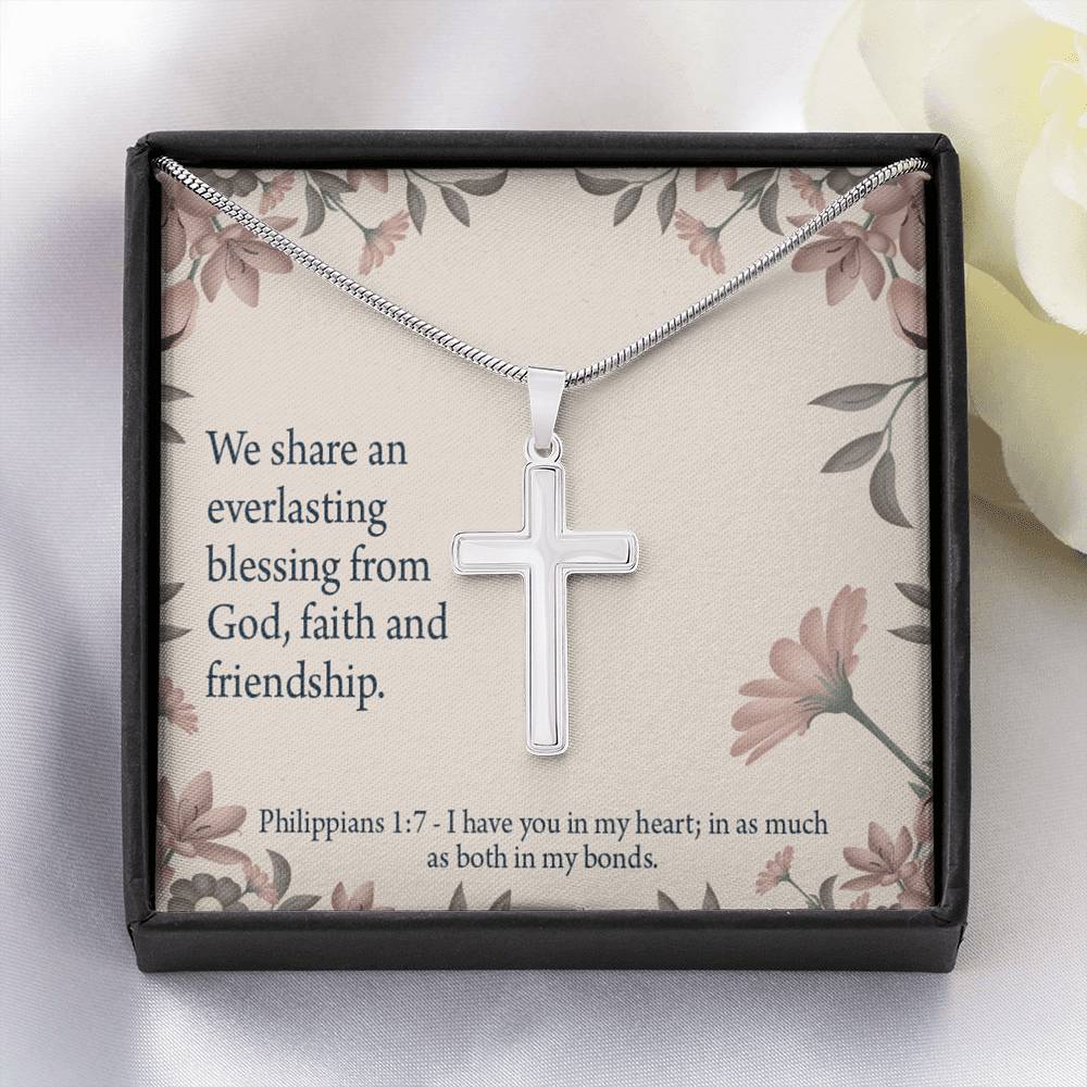 Christian Encouragement Friendship Philippians 1:7 Cross Card Necklace w Stainless Steel Pendant-Express Your Love Gifts