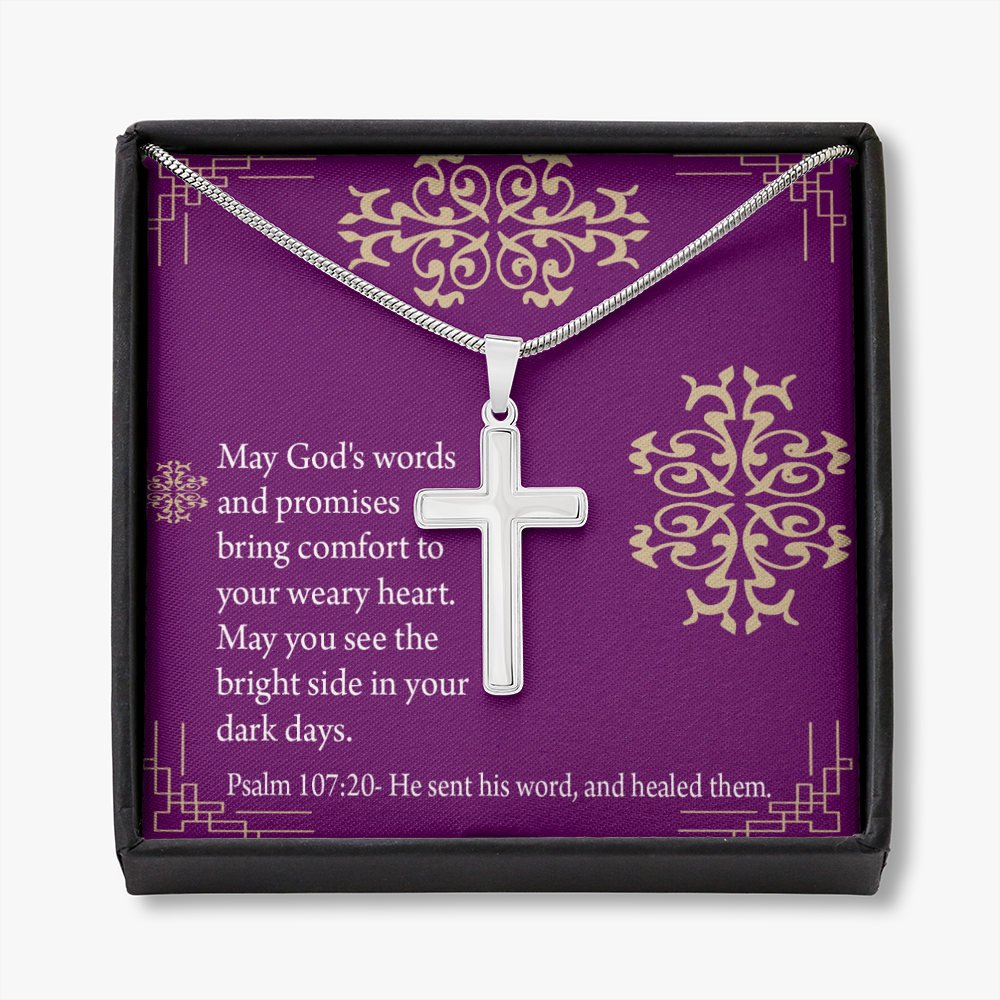 Christian Encouragement Get Well God's Words & Promises Psalm 107:20 Cross Card Necklace w Stainless Steel Pendant-Express Your Love Gifts