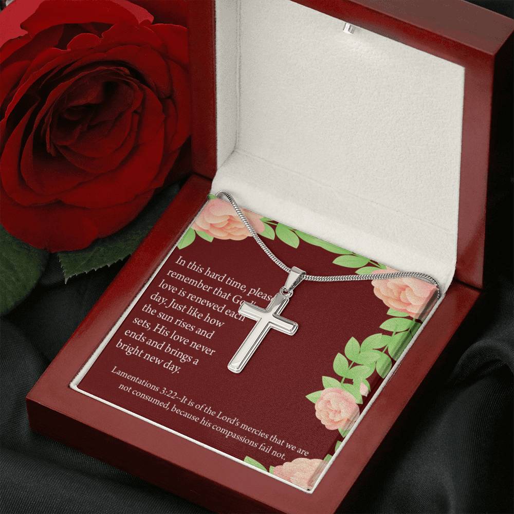 Christian Encouragement Get Well Surrounded In Prayer Lamentations 3:22 Cross Card Necklace w Stainless Steel Pendant-Express Your Love Gifts