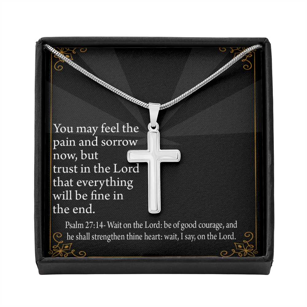 Christian Encouragement God&#39;s Strength Psalm 27:14 Cross Card Necklace w Stainless Steel Pendant-Express Your Love Gifts