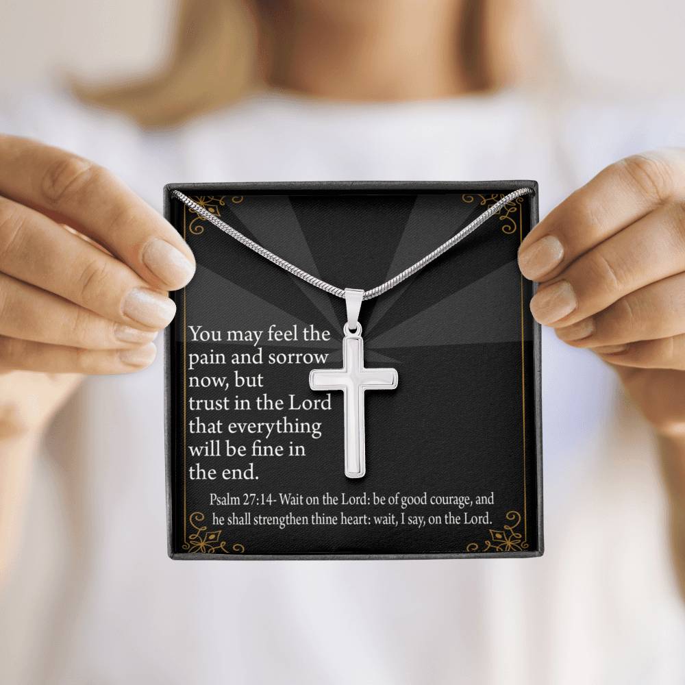 Christian Encouragement God's Strength Psalm 27:14 Cross Card Necklace w Stainless Steel Pendant-Express Your Love Gifts