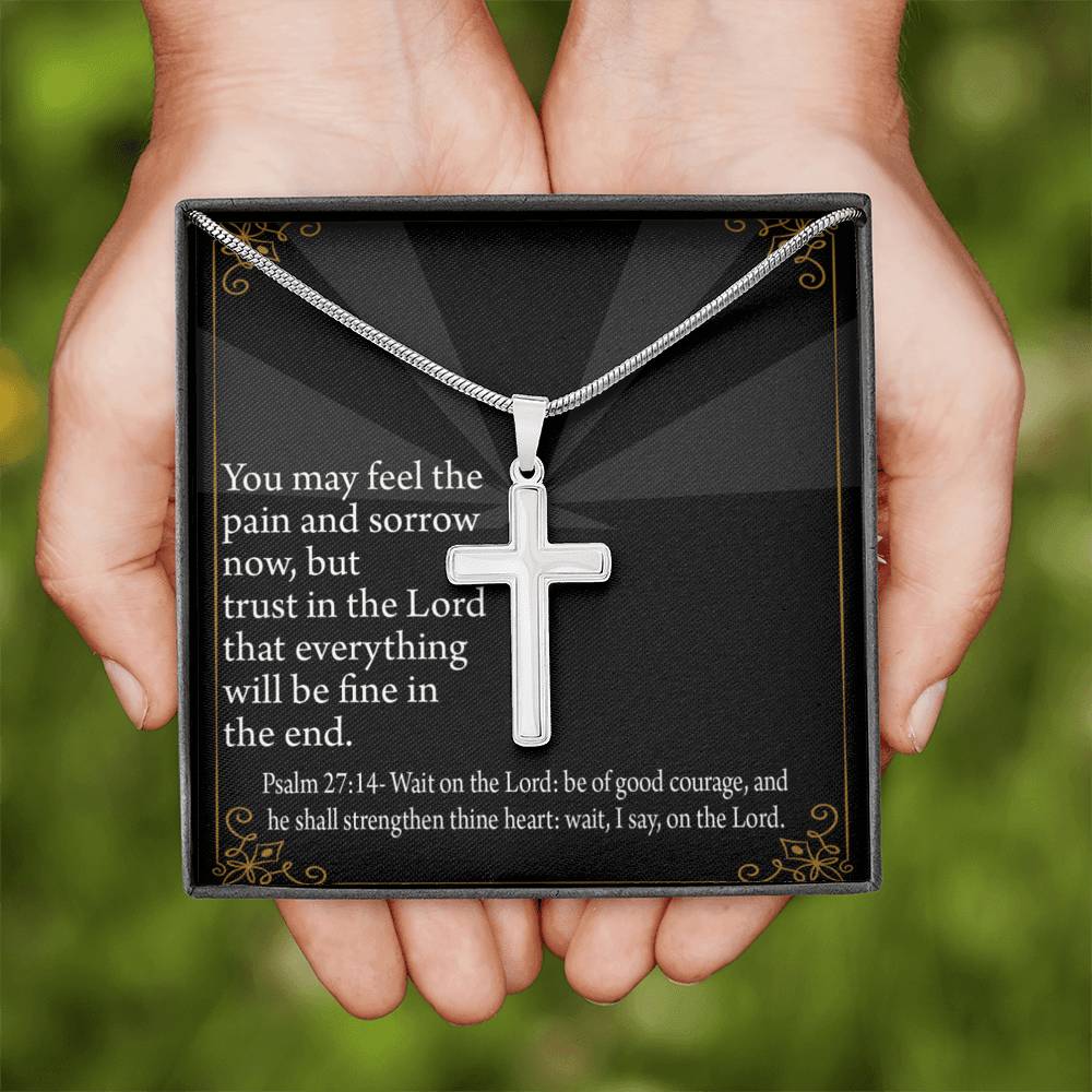 Christian Encouragement God's Strength Psalm 27:14 Cross Card Necklace w Stainless Steel Pendant-Express Your Love Gifts