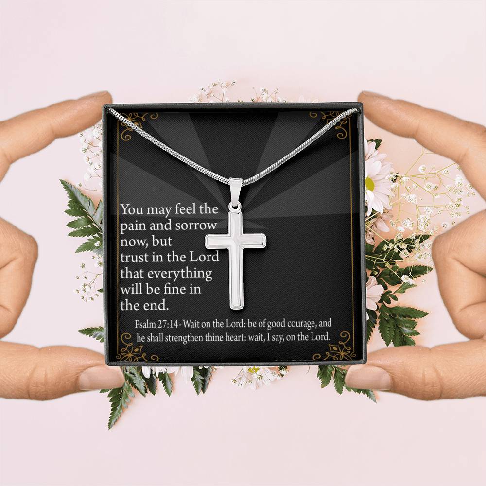 Christian Encouragement God's Strength Psalm 27:14 Cross Card Necklace w Stainless Steel Pendant-Express Your Love Gifts