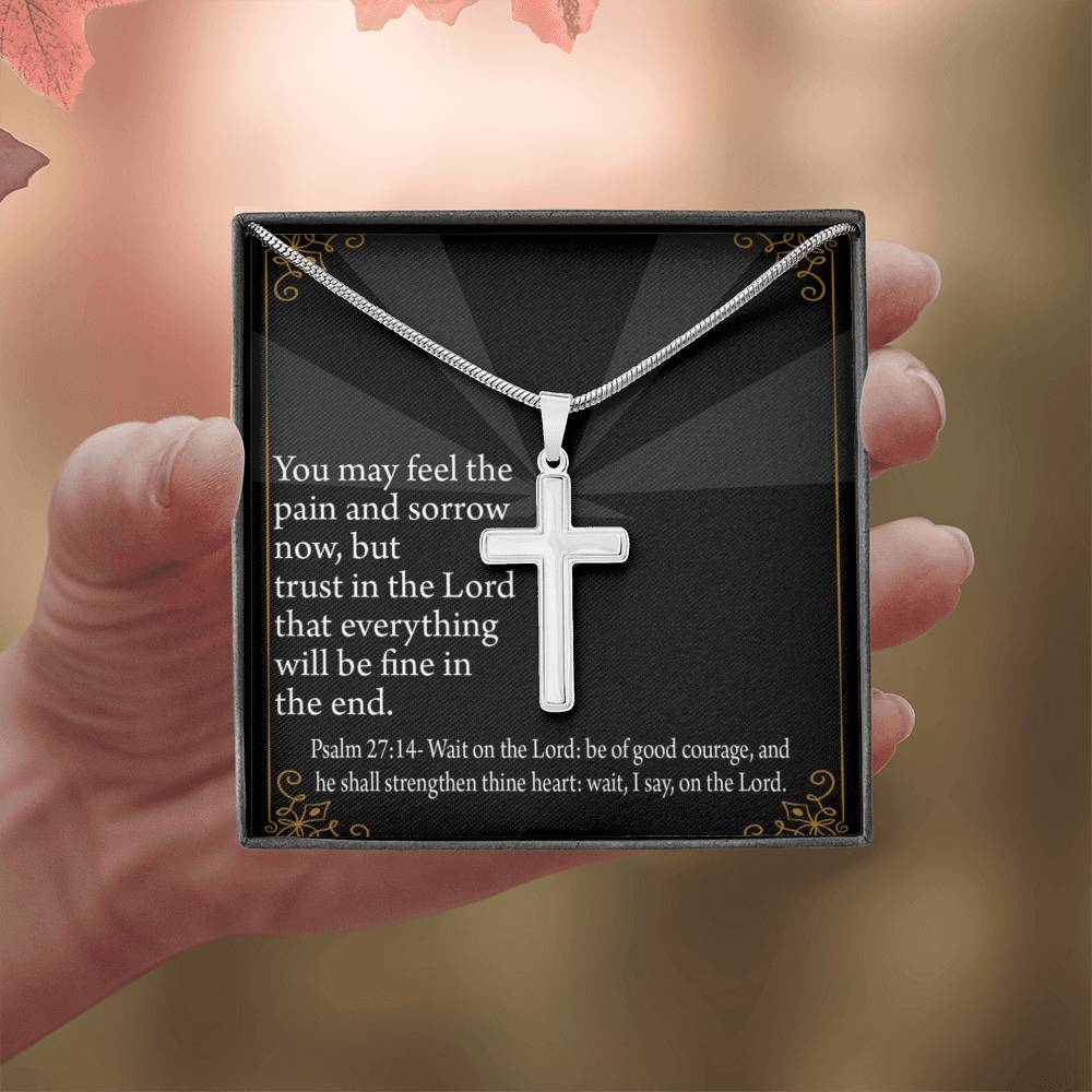 Christian Encouragement God's Strength Psalm 27:14 Cross Card Necklace w Stainless Steel Pendant-Express Your Love Gifts