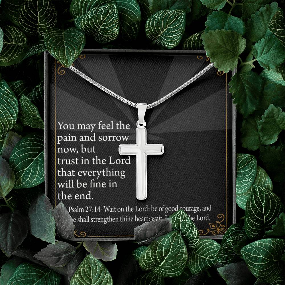 Christian Encouragement God's Strength Psalm 27:14 Cross Card Necklace w Stainless Steel Pendant-Express Your Love Gifts