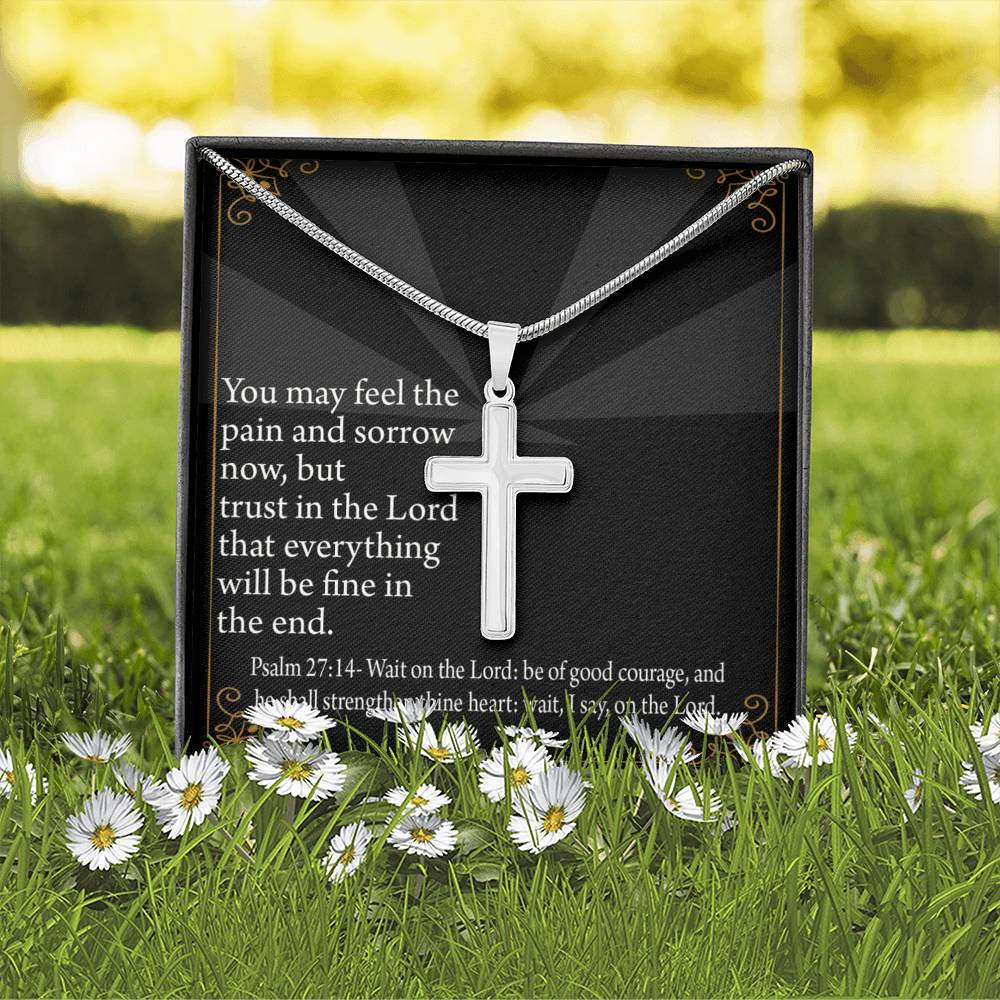 Christian Encouragement God's Strength Psalm 27:14 Cross Card Necklace w Stainless Steel Pendant-Express Your Love Gifts