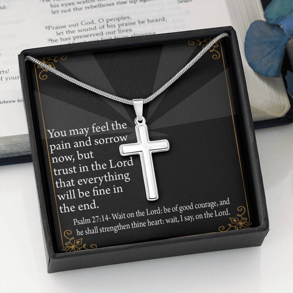 Christian Encouragement God's Strength Psalm 27:14 Cross Card Necklace w Stainless Steel Pendant-Express Your Love Gifts