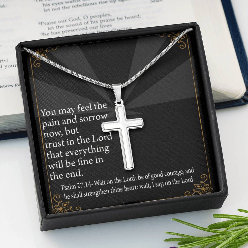 Christian Encouragement God's Strength Psalm 27:14 Cross Card Necklace w Stainless Steel Pendant-Express Your Love Gifts