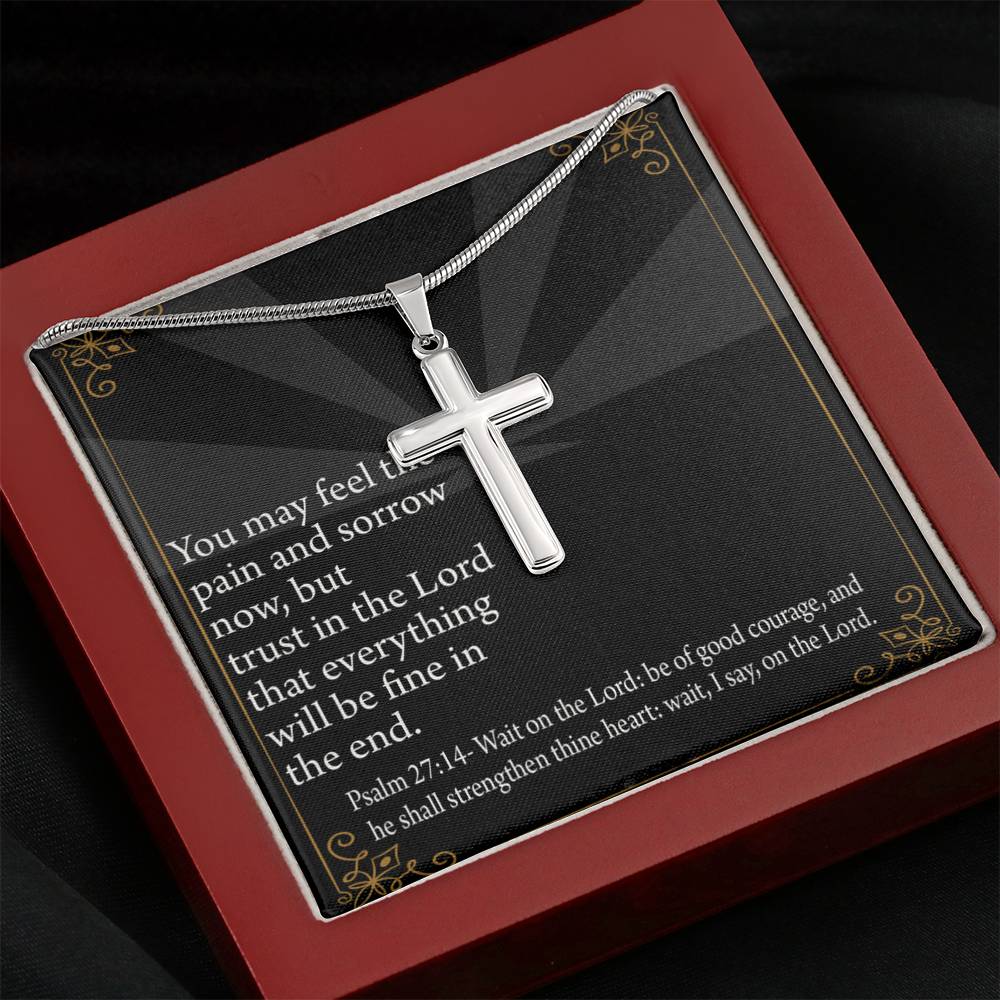 Christian Encouragement God's Strength Psalm 27:14 Cross Card Necklace w Stainless Steel Pendant-Express Your Love Gifts