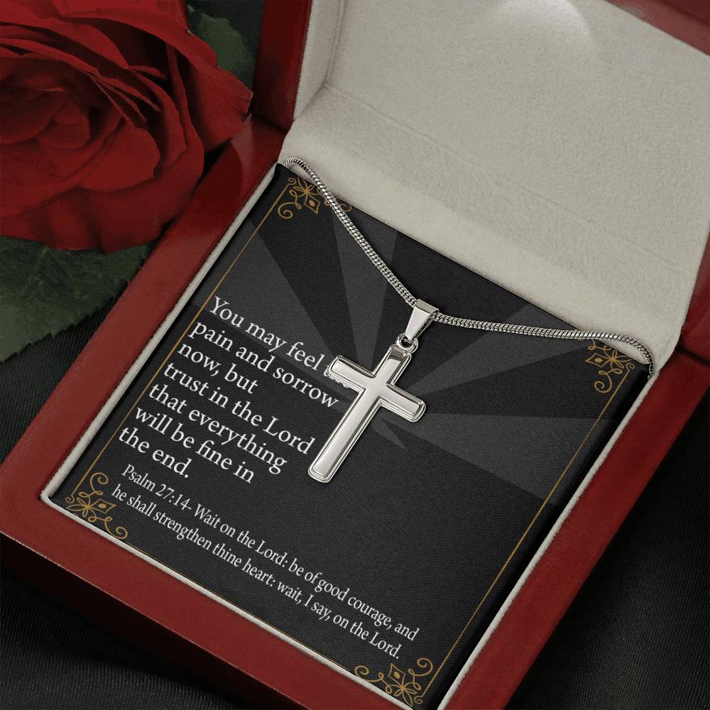 Christian Encouragement God's Strength Psalm 27:14 Cross Card Necklace w Stainless Steel Pendant-Express Your Love Gifts