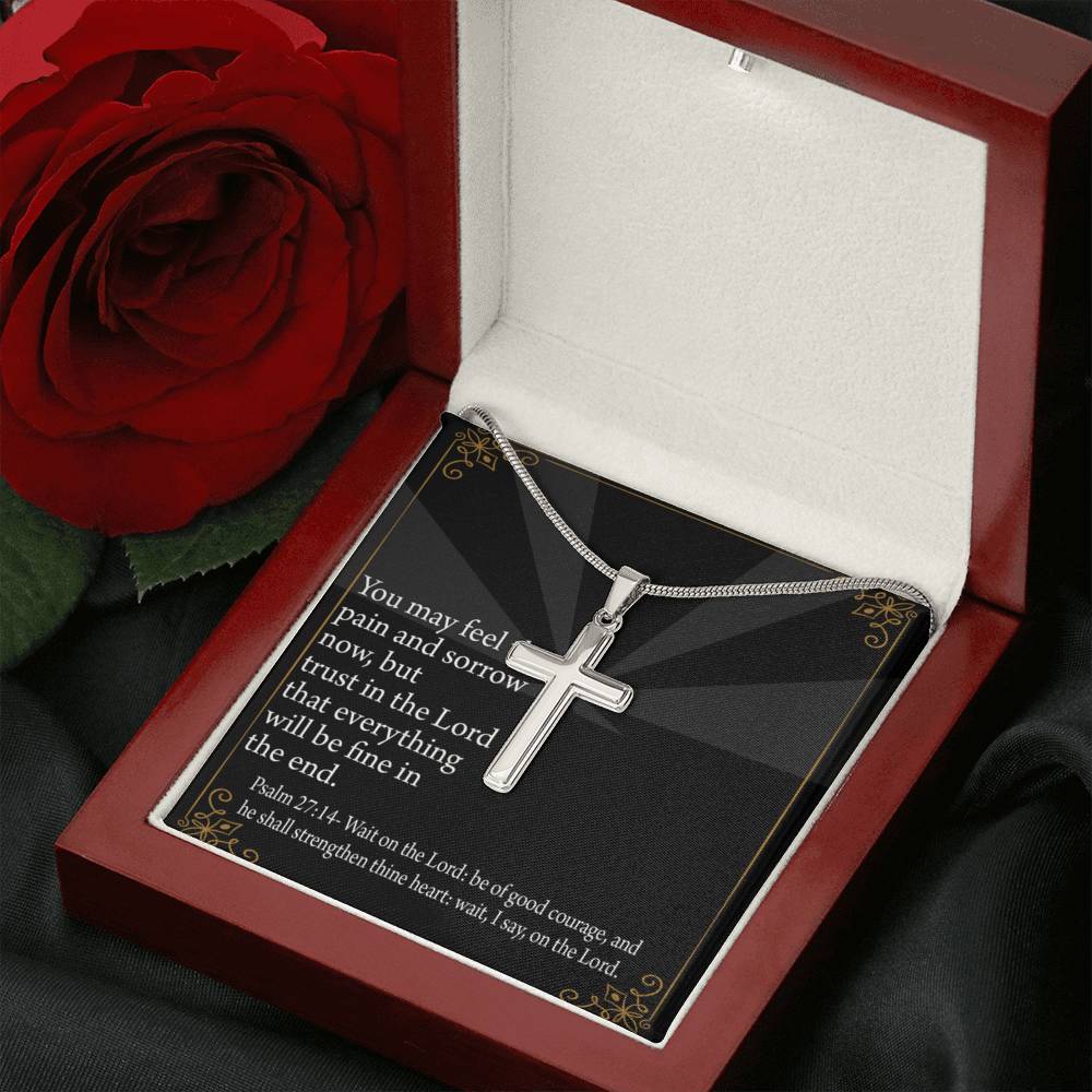 Christian Encouragement God's Strength Psalm 27:14 Cross Card Necklace w Stainless Steel Pendant-Express Your Love Gifts