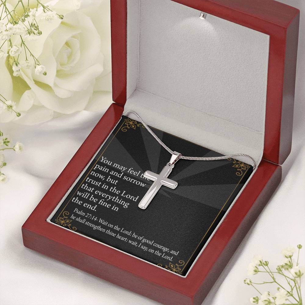 Christian Encouragement God's Strength Psalm 27:14 Cross Card Necklace w Stainless Steel Pendant-Express Your Love Gifts