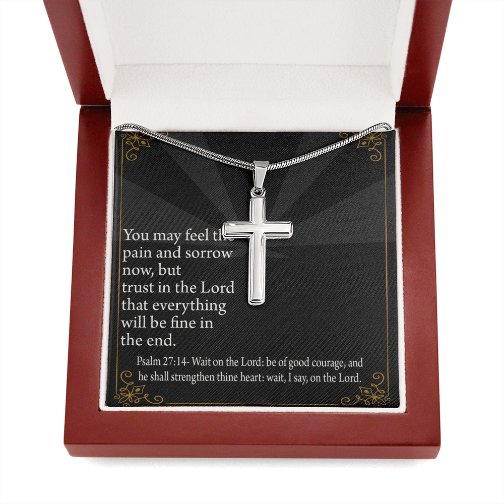 Christian Encouragement God's Strength Psalm 27:14 Cross Card Necklace w Stainless Steel Pendant-Express Your Love Gifts