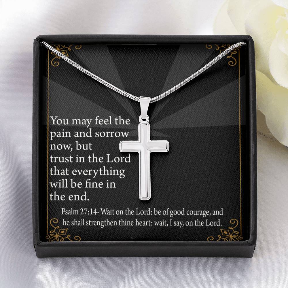 Christian Encouragement God's Strength Psalm 27:14 Cross Card Necklace w Stainless Steel Pendant-Express Your Love Gifts