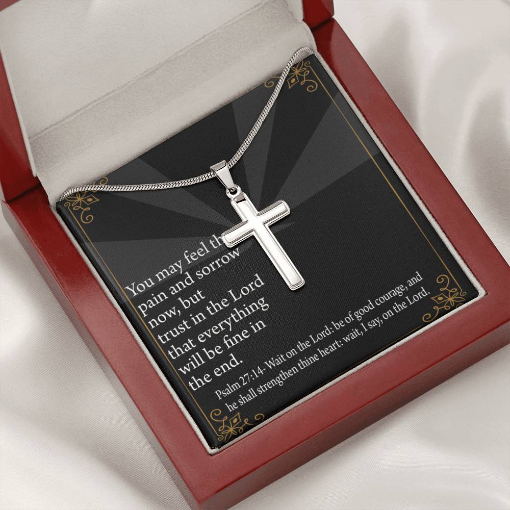 Christian Encouragement God's Strength Psalm 27:14 Cross Card Necklace w Stainless Steel Pendant-Express Your Love Gifts