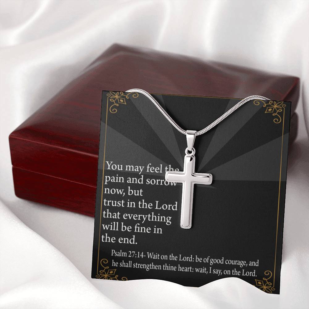 Christian Encouragement God's Strength Psalm 27:14 Cross Card Necklace w Stainless Steel Pendant-Express Your Love Gifts