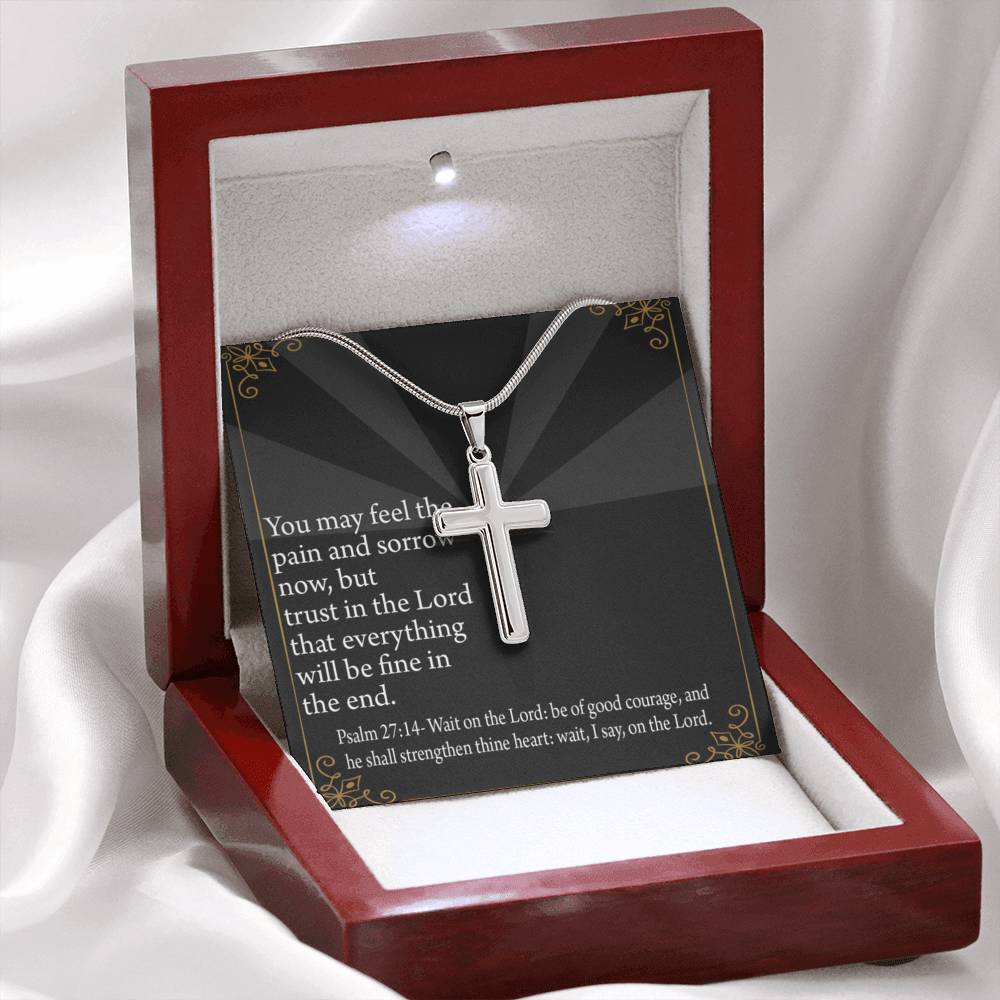 Christian Encouragement God's Strength Psalm 27:14 Cross Card Necklace w Stainless Steel Pendant-Express Your Love Gifts