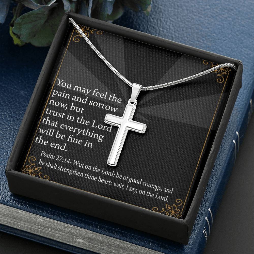 Christian Encouragement God's Strength Psalm 27:14 Cross Card Necklace w Stainless Steel Pendant-Express Your Love Gifts