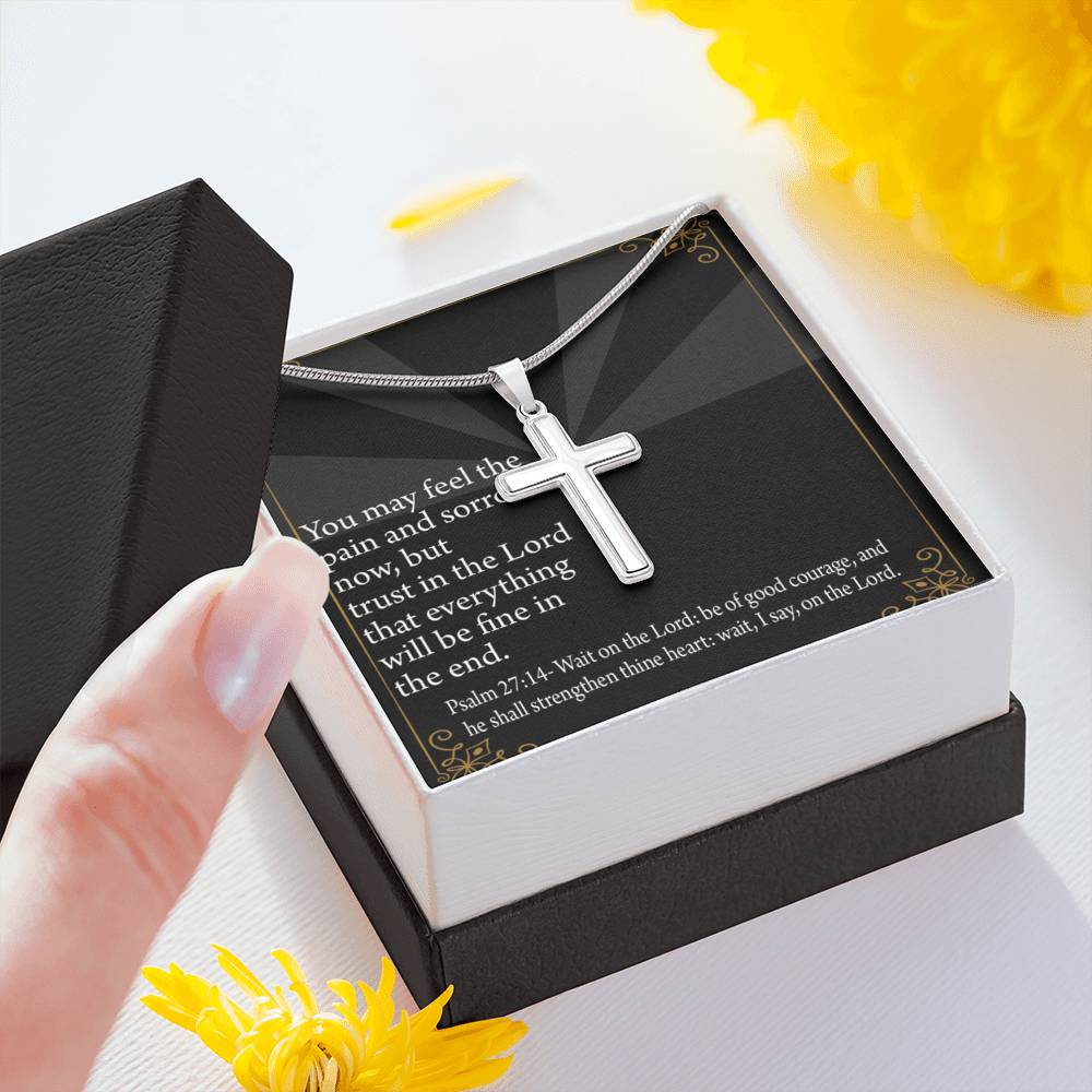 Christian Encouragement God's Strength Psalm 27:14 Cross Card Necklace w Stainless Steel Pendant-Express Your Love Gifts