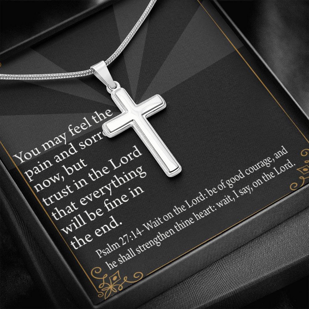 Christian Encouragement God's Strength Psalm 27:14 Cross Card Necklace w Stainless Steel Pendant-Express Your Love Gifts