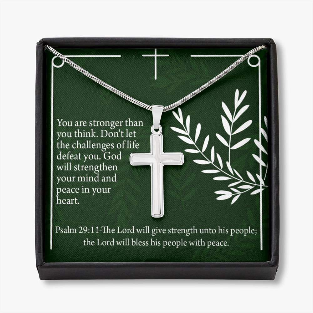 Christian Encouragement God Will Strengthen You Psalm 29:11 Cross Necklace Stainless Steel Pendant Message Card-Express Your Love Gifts