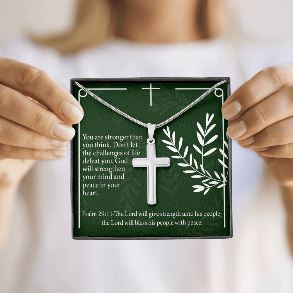 Christian Encouragement God Will Strengthen You Psalm 29:11 Cross Necklace Stainless Steel Pendant Message Card-Express Your Love Gifts