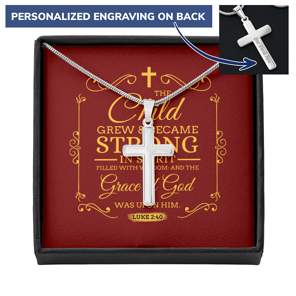 Christian Encouragement Strong Child Luke 2:40 Message Cross Card Necklace w Stainless Steel Pendant-Express Your Love Gifts