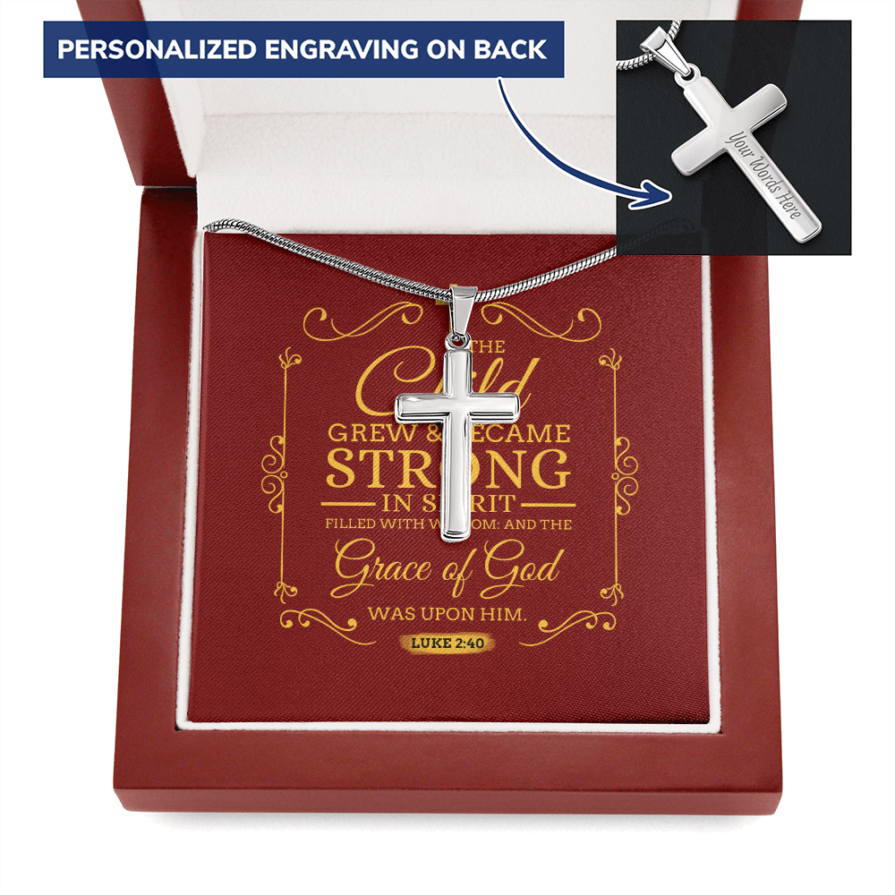 Christian Encouragement Strong Child Luke 2:40 Message Cross Card Necklace w Stainless Steel Pendant-Express Your Love Gifts