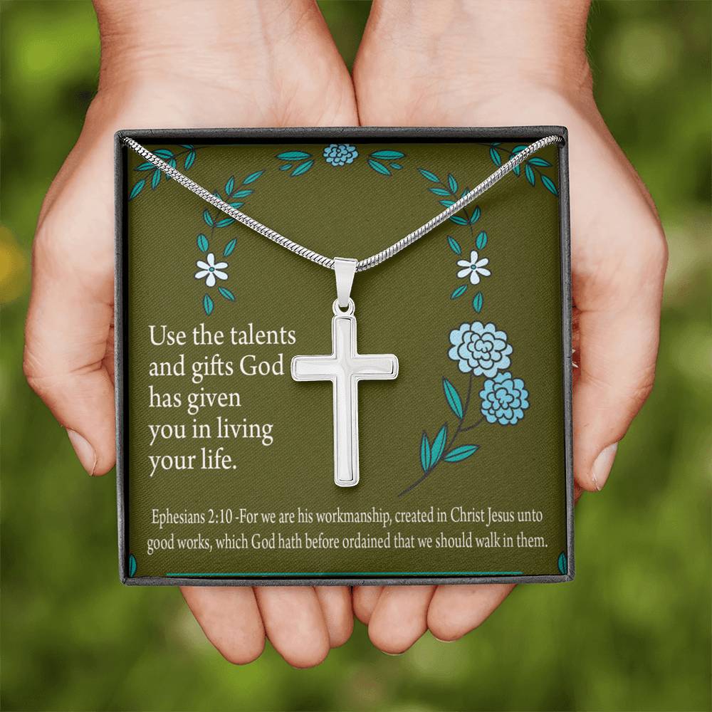 Christian Encouragement You Are God's Workmanship Ephesians 2:10 Cross Card Necklace w Stainless Steel Pendant-Express Your Love Gifts