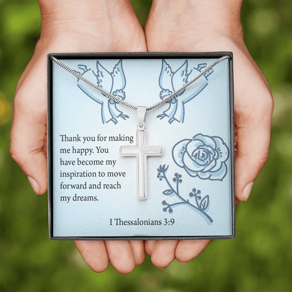 Christian Encouragement You're My Inspiration 1 Thessalonians 3:9 Cross Necklace Stainless Steel Pendant Message Card-Express Your Love Gifts