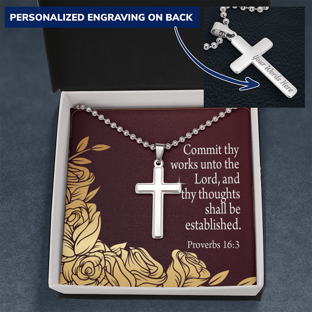 Commit To God Proverbs 16:3 Cross Necklace Message Card W Ball Chain Pendant-Express Your Love Gifts