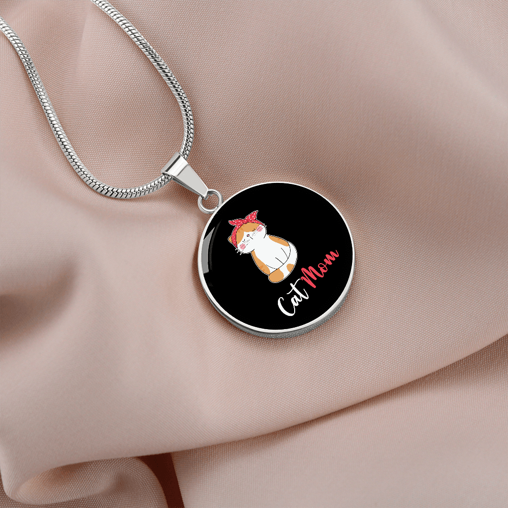 Cute Cat Mom Circle Necklace Stainless Steel or 18k Gold 18-22"-Express Your Love Gifts