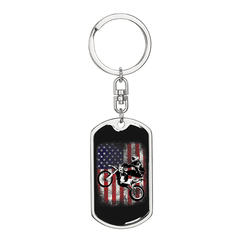 Dirt Bike American Flag Biker Keychain Stainless Steel or 18k Gold Dog Tag Keyring-Express Your Love Gifts