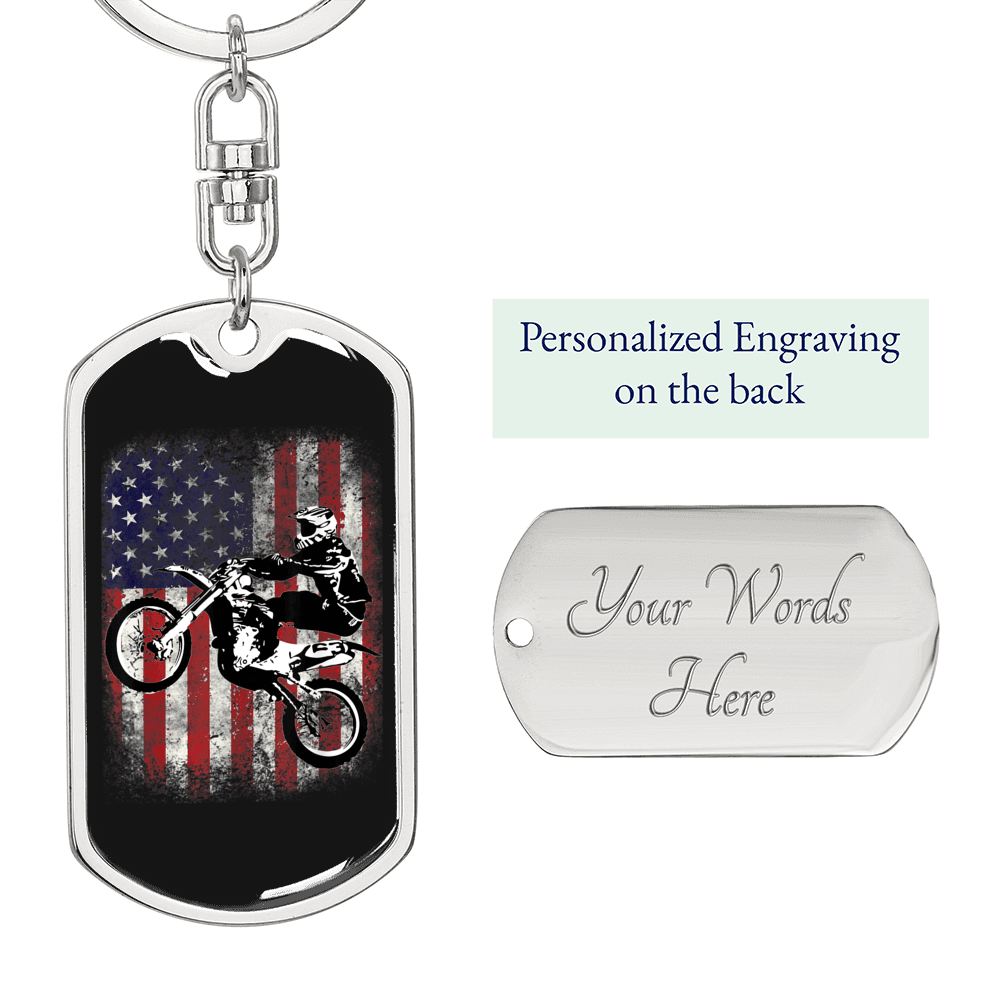 Dirt Bike American Flag Biker Keychain Stainless Steel or 18k Gold Dog Tag Keyring-Express Your Love Gifts