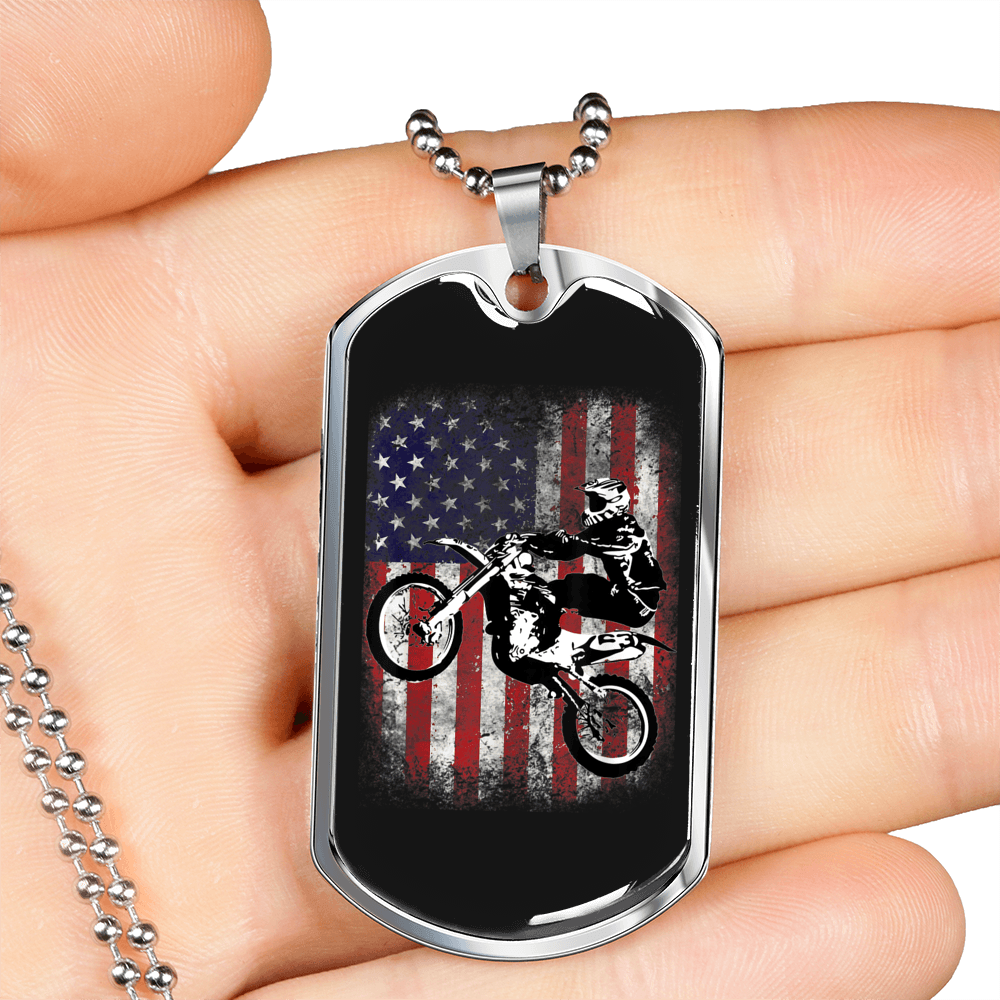 Dirt Bike American Flag Biker Necklace Stainless Steel or 18k Gold Dog Tag 24"-Express Your Love Gifts