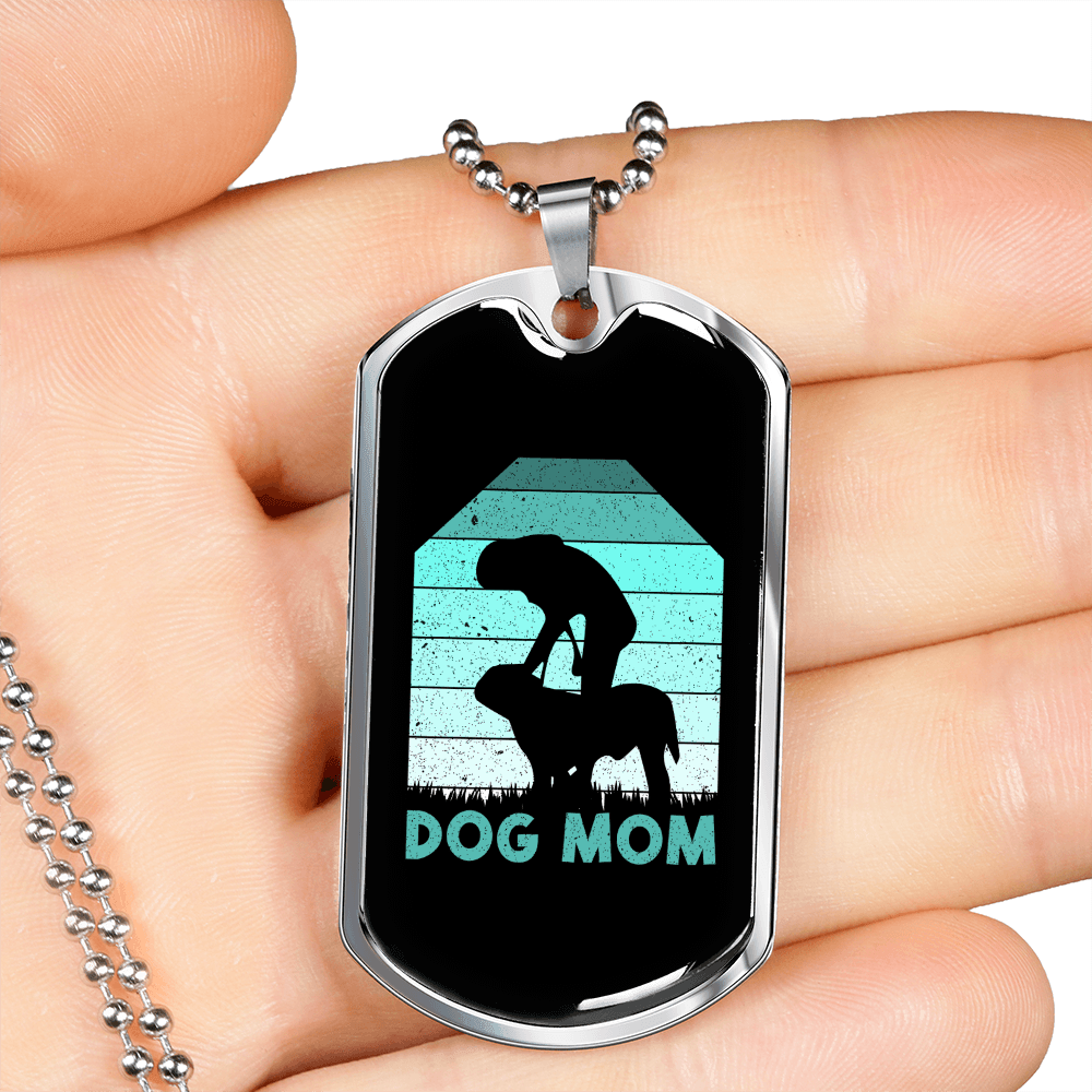 Dog Mom Cyan Necklace Stainless Steel or 18k Gold Dog Tag 24" Chain-Express Your Love Gifts