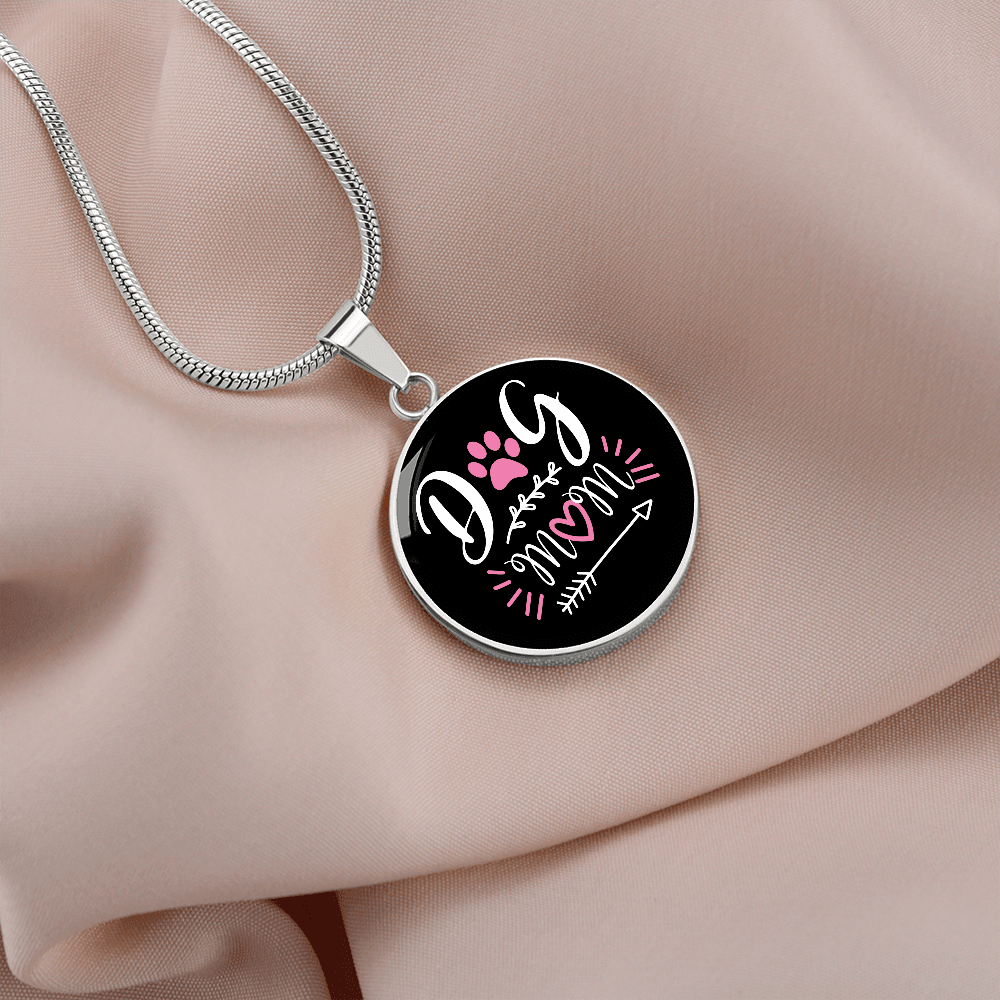 Dog Mom Pink White Circle Necklace Stainless Steel or 18k Gold 18-22"-Express Your Love Gifts