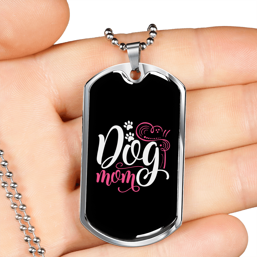 Dog Mom Pink White Necklace Stainless Steel or 18k Gold Dog Tag 24" Chain-Express Your Love Gifts