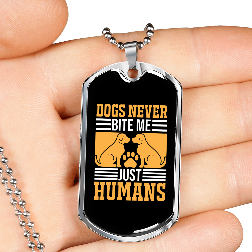 Dogs Never Bite Me Yellow Necklace Stainless Steel or 18k Gold Dog Tag 24" Chain-Express Your Love Gifts
