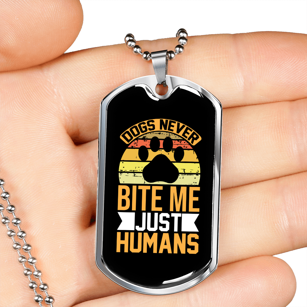 Dogs Never Bite Yellow Necklace Stainless Steel or 18k Gold Dog Tag 24" Chain-Express Your Love Gifts