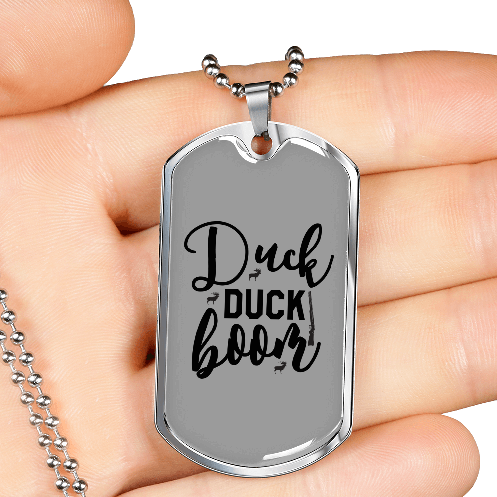 Duck Duck Boom Necklace Stainless Steel or 18k Gold Dog Tag 24" Chain-Express Your Love Gifts